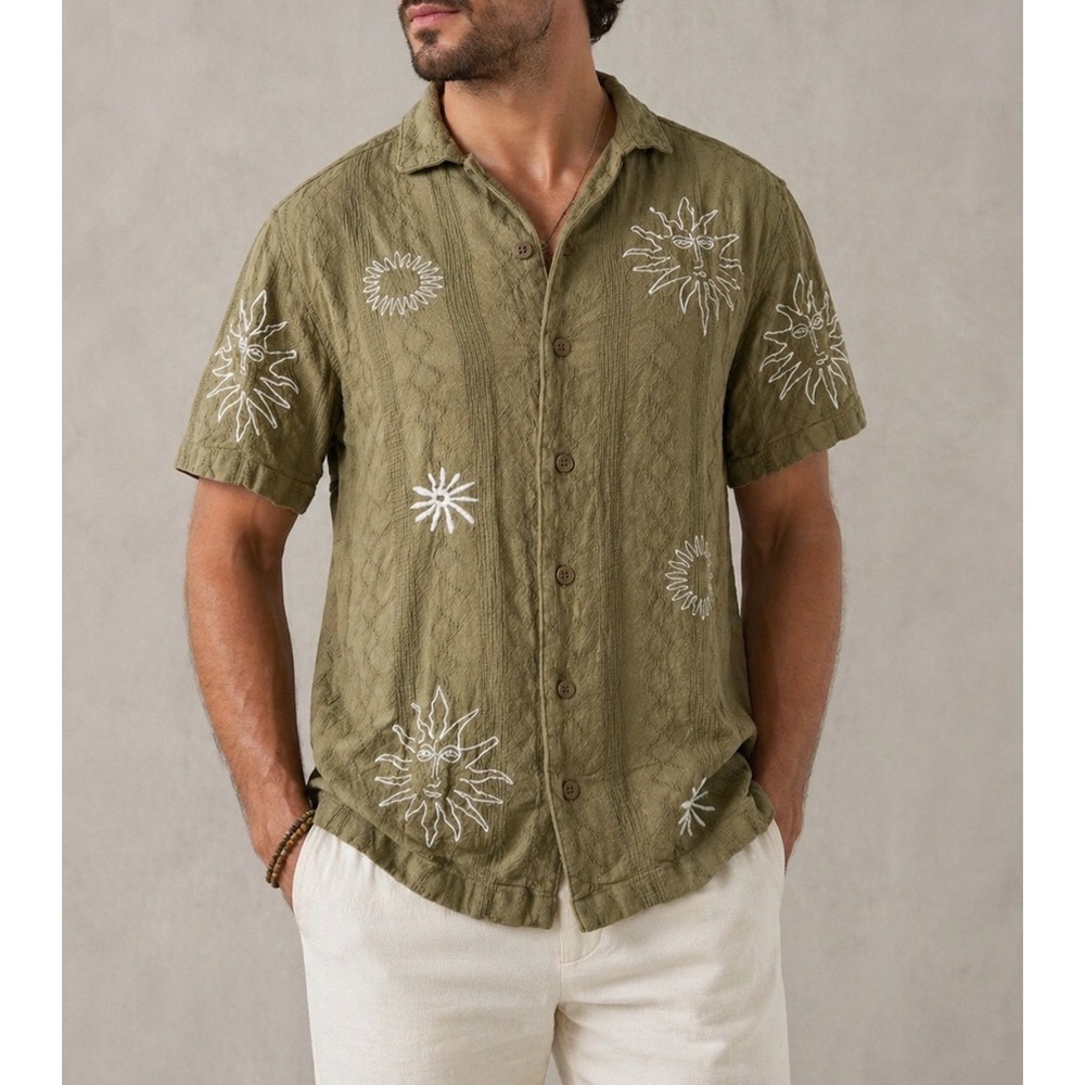 E.T.A Camp shirt Green Sun Face Embroidered Cotton Button Up Shirt Men's Medium